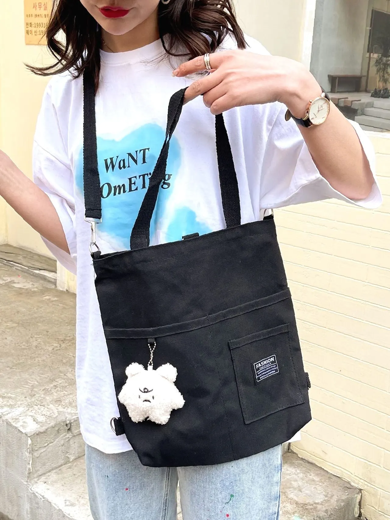 Maxct - Letter Graphic Shopper Bag with Bag Charm  - Women Tote Bags