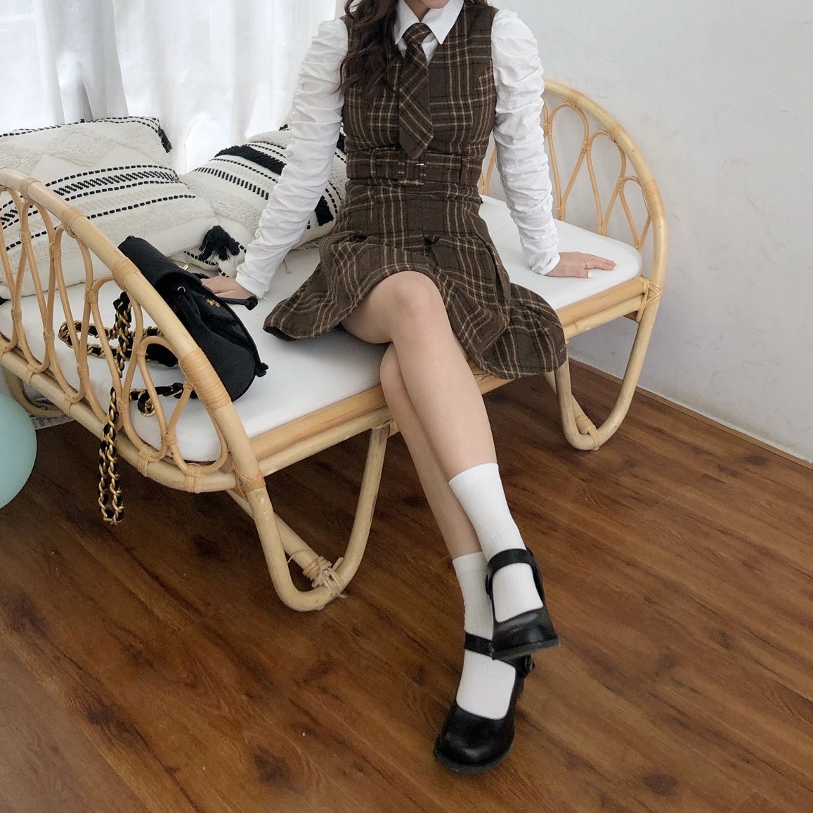 Coffee Plaid Pinafore Dress / Blouse Maxct