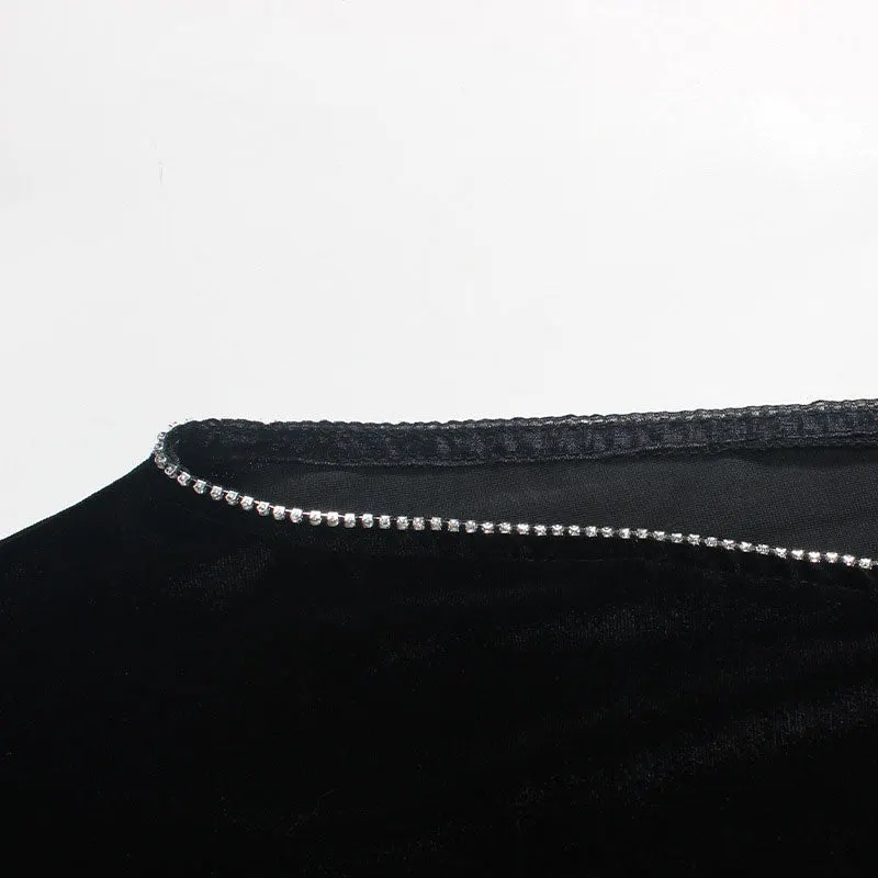 Rhinestone Trim High Split Boat Neck Long Sleeve Maxi Dress - Black Maxct