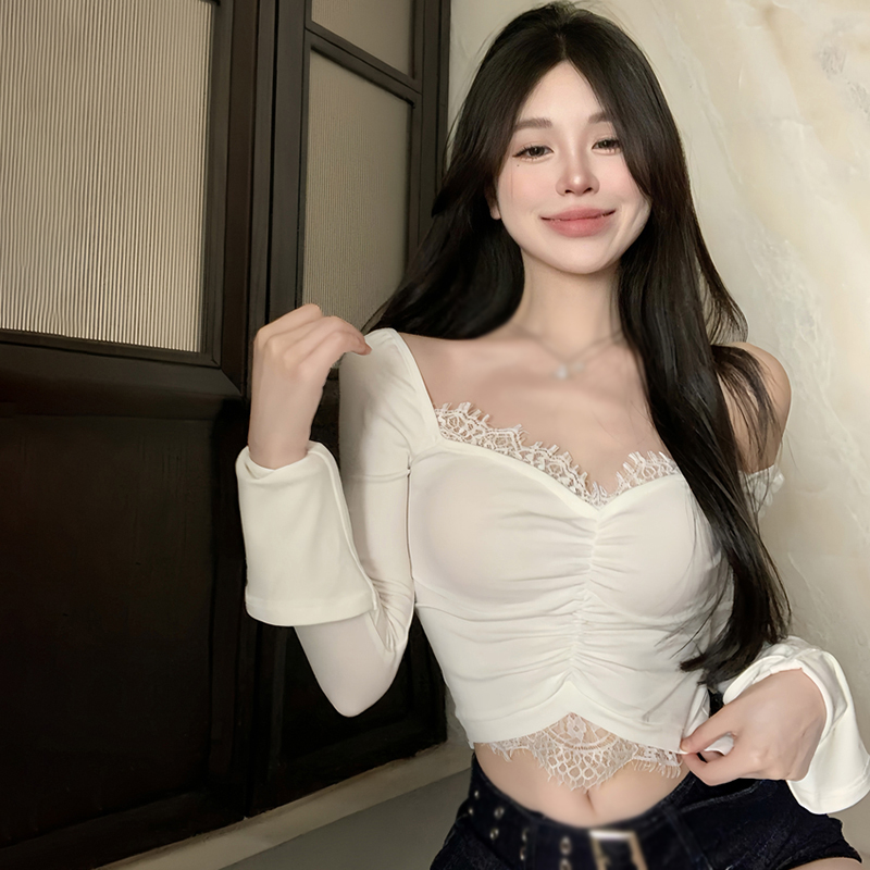 Maxct Autumn Women Crop Tops Vintage Korean Retro High Street Lace Patchwork T-Shirt Streetwear Tee Shirt