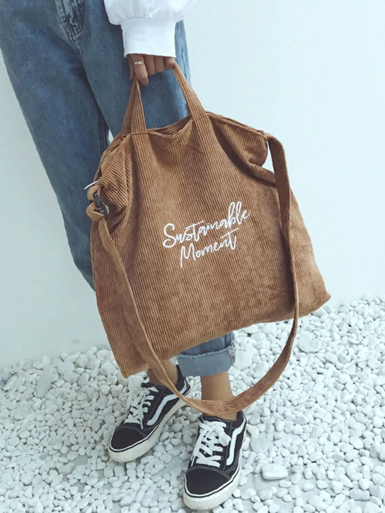 Maxct - Corduroy Letter Graphic Top Handle Bag  - Women Tote Bags
