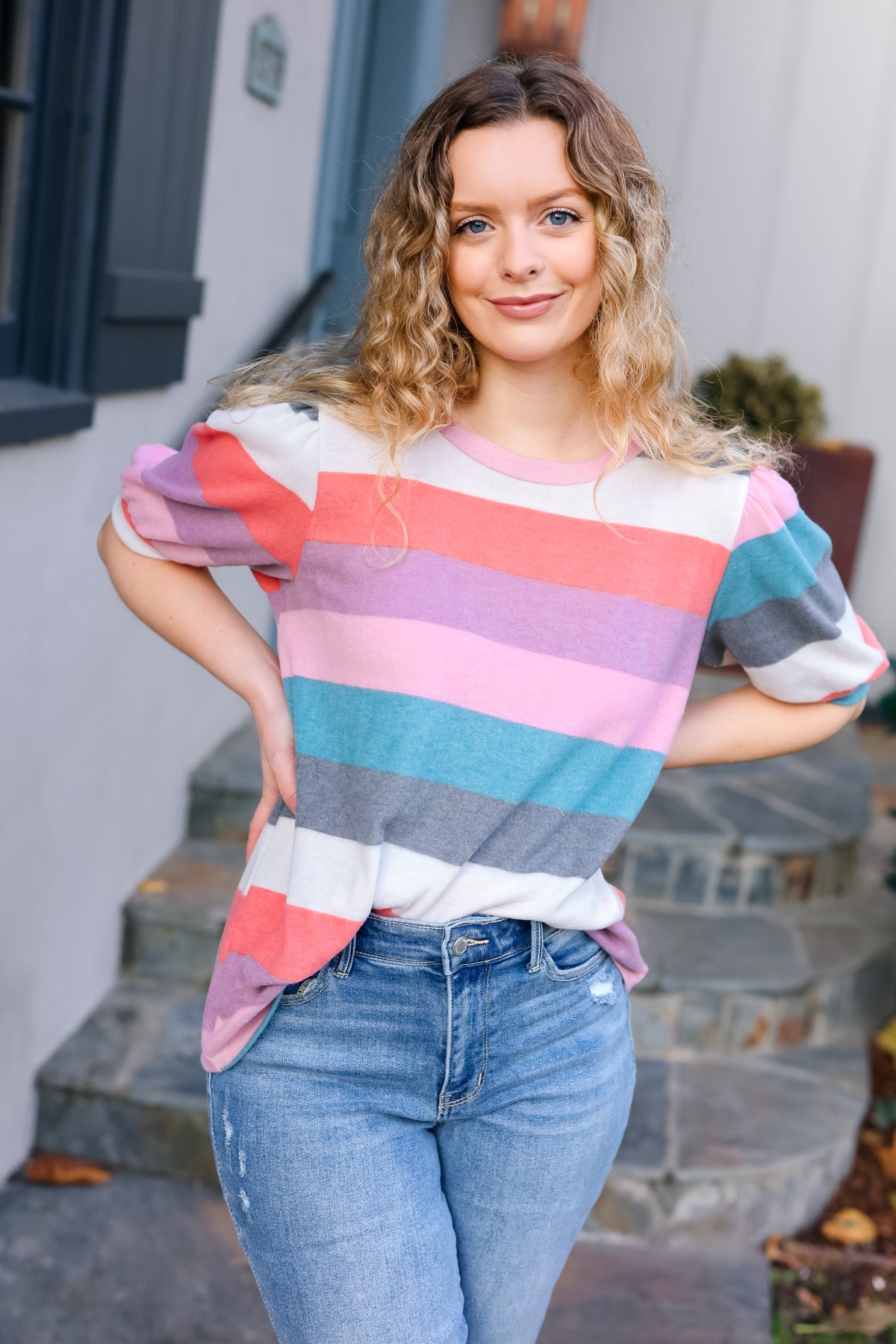 Maxct &Look Out Teal & Rose Striped Hacci Knit Puff Sleeve Top