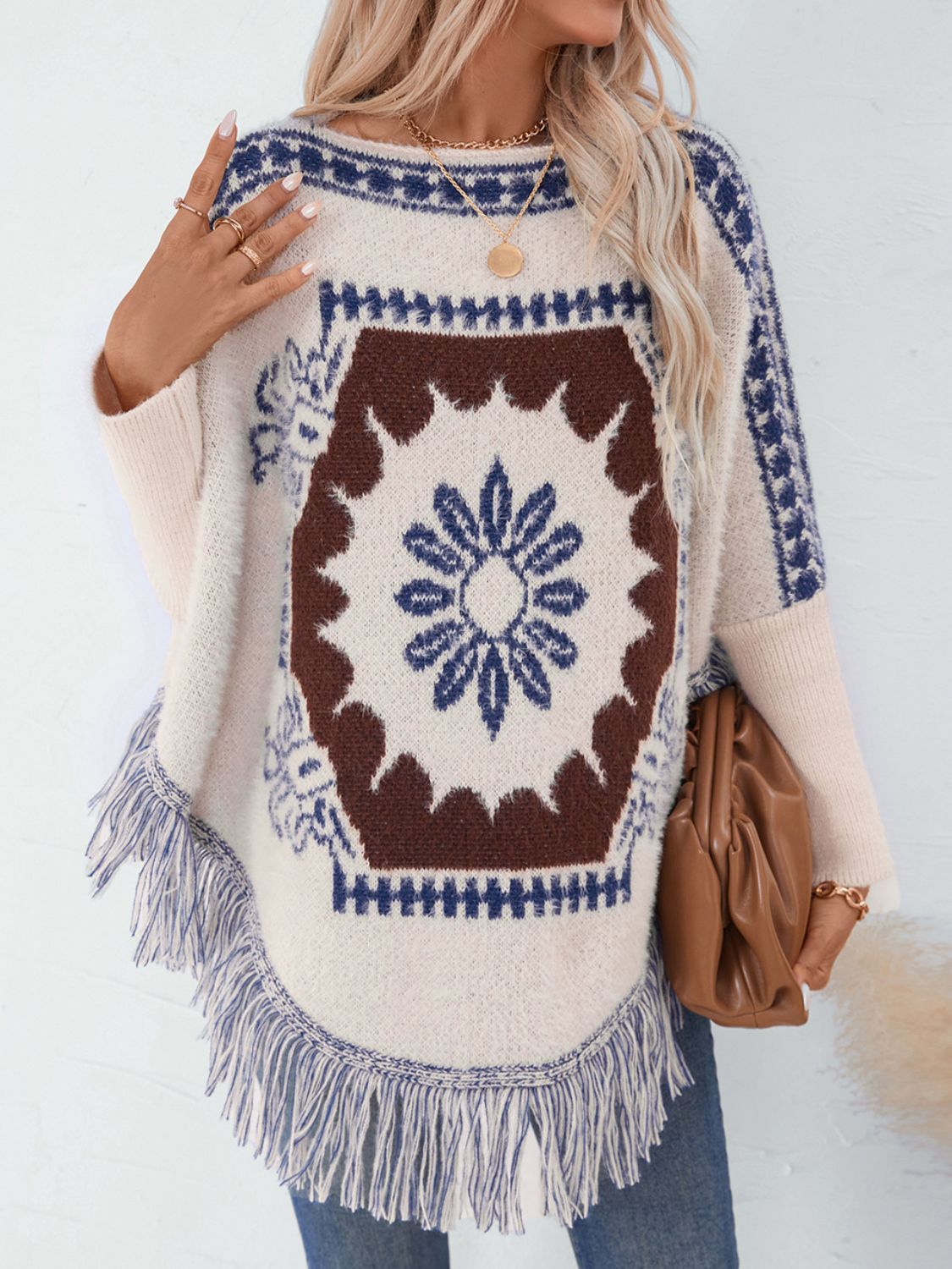 Maxct &Fringe Geometric Long Sleeve Poncho
