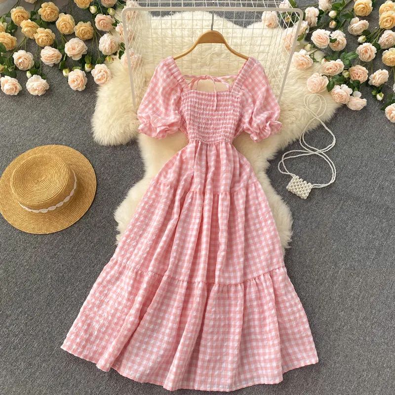 Puff Sleeve Gingham Tiered Dress Maxct