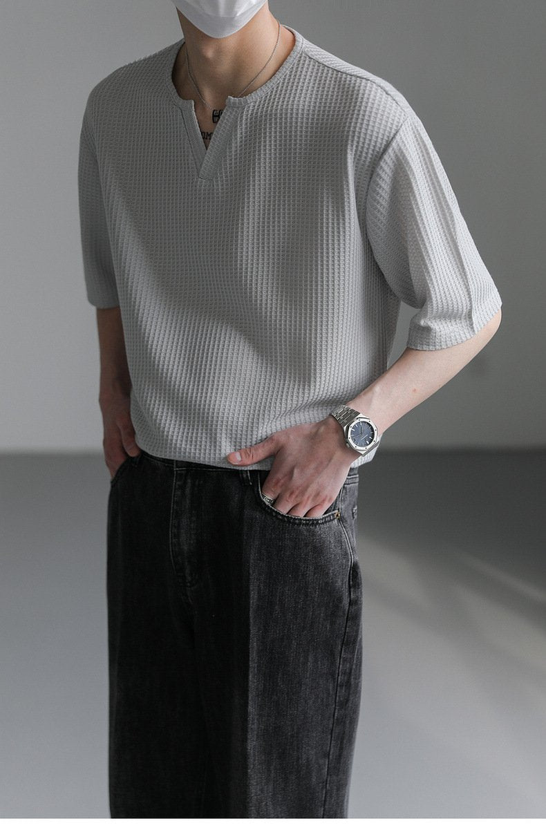 Maxct 90s Streetwear Summer New Korean Style Loose Small V-neck Short-sleeved T-shirt Men's Fashion Brand Wafflet High-end Sense Half-sleeved T-shirt Top