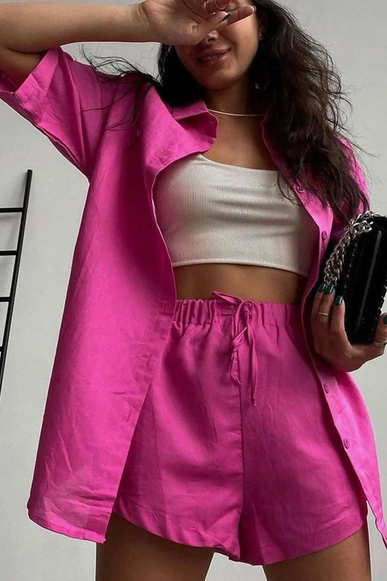 Maxct Solid Short Sleeve Shirt Drawstring Shorts Suits