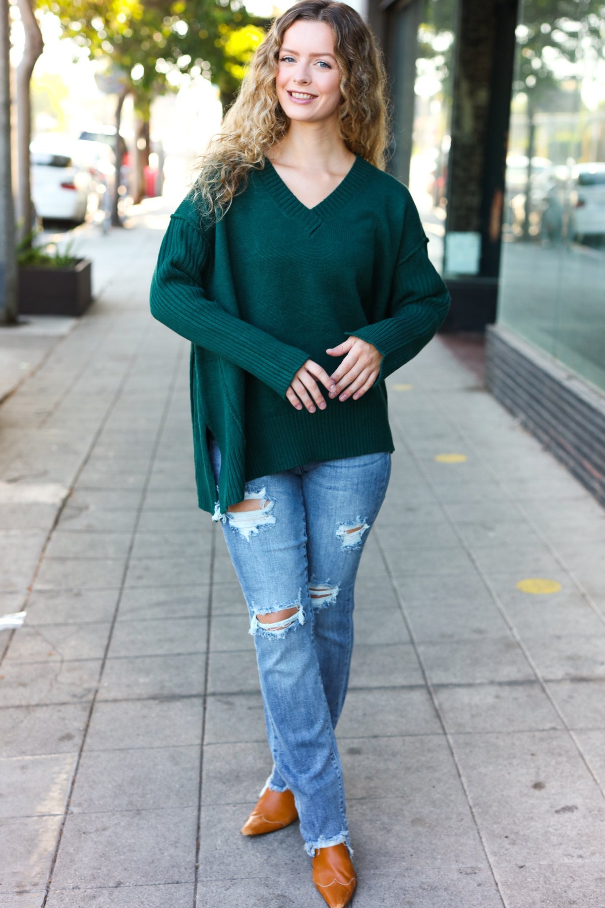 Maxct &Casual Chic Hunter Green Oversized V Neck Rib Knit Sweater