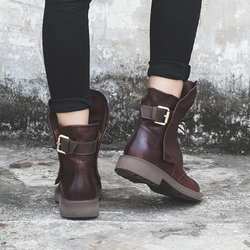 Womens Retro Sheepskin Short Boots for Winter Lace Up Buckles Boots Coffee/Black Maxct