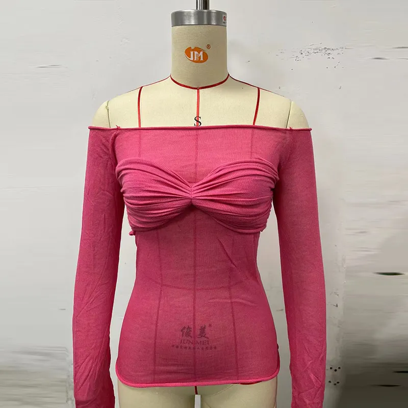 Maxct Sexy Transparent Off Shoulder Shirts Women Slim Fit Solid Perspective Thin T-Shirt Female Autumn Chic Elegant Daily Tops