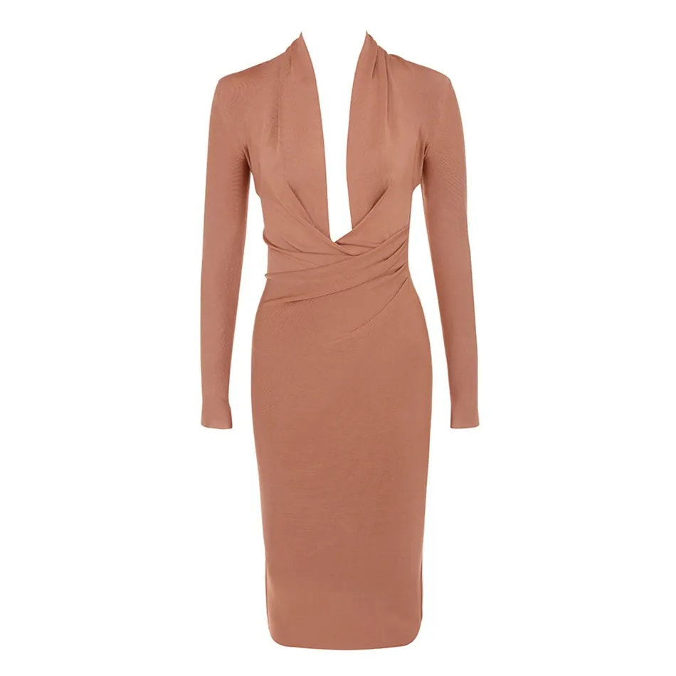 Maxct New Summer Deep V Neck Women Bandage Dress Sexy Full Sleeves Solid Celebrity Bodycon Club Evening Midi Party Dress Vestidos