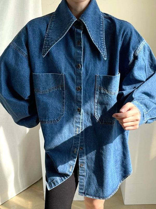 Maxct Vintage Large Collar Single Breasted Loose Denim Shirt