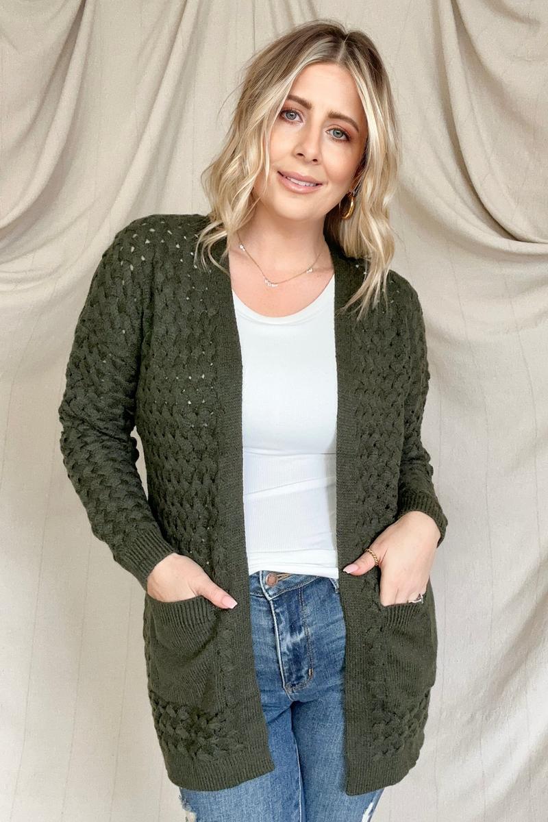 Maxct &Open Front Woven Texture Knitted Cardigan With Pockets