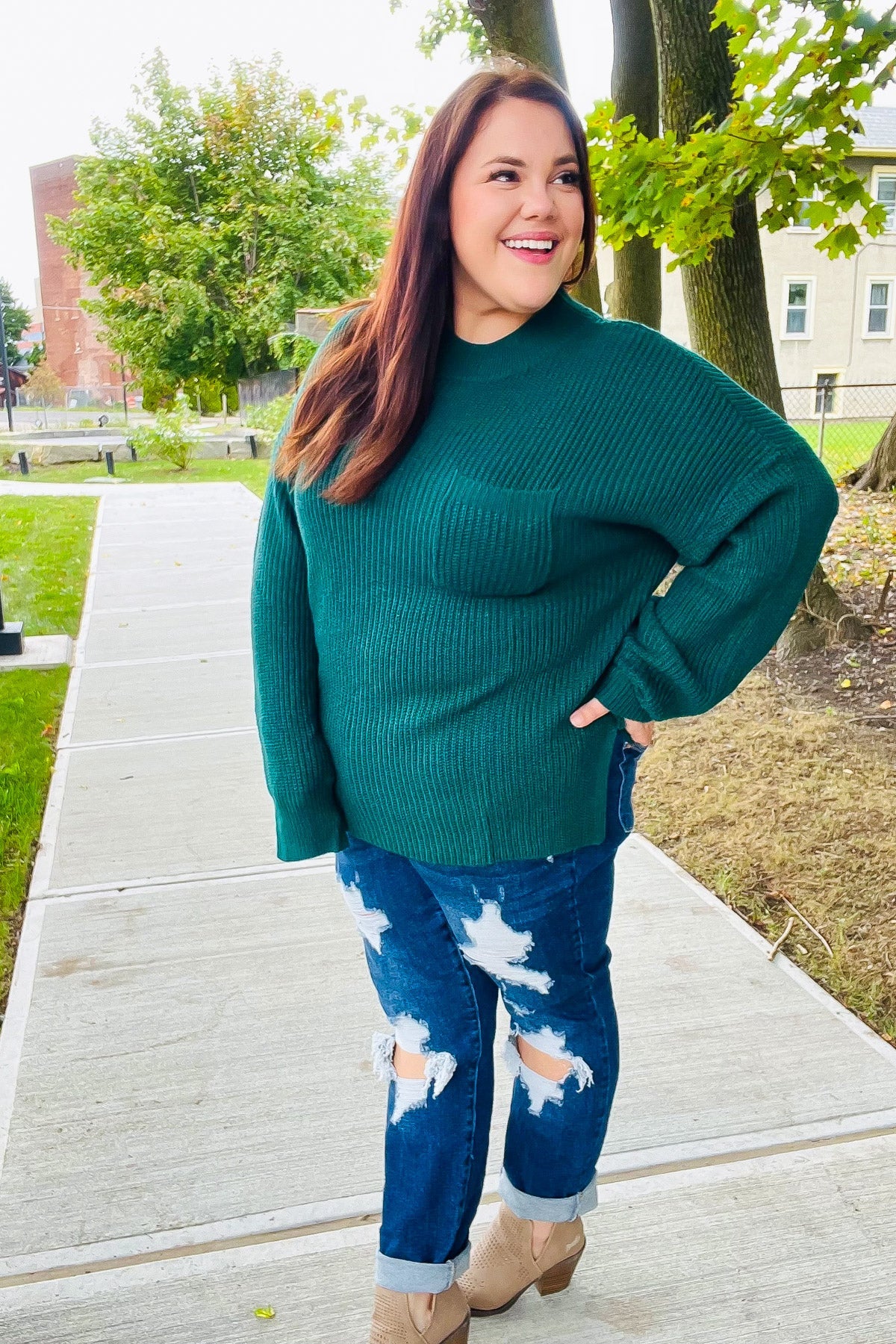 Maxct &Classy Chic Hunter Green Mock Neck Chest Pocket Knit Sweater