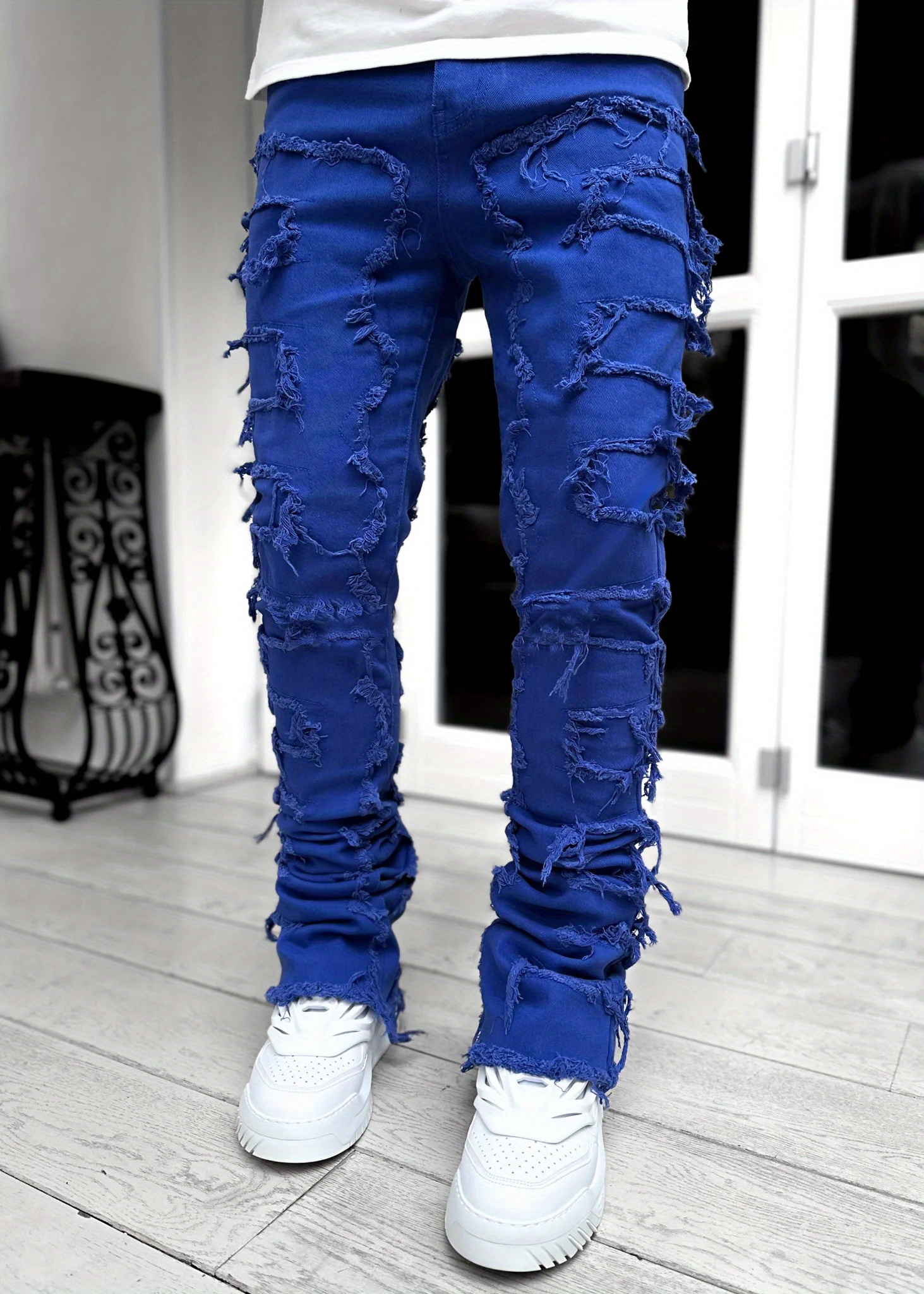 Creative Tassels Decoration Straight Fit Jeans, Men's Casual Medium Stretch Street Style Denim Pants For All Seasons