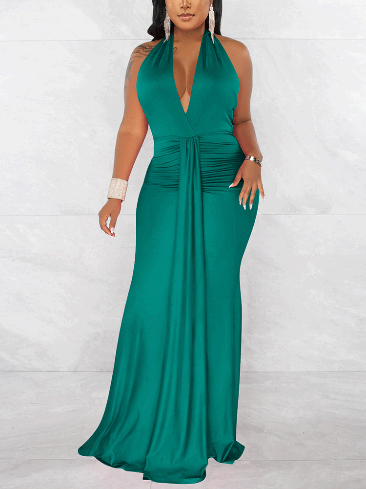 Halter Ruched Maxi Dress Maxct