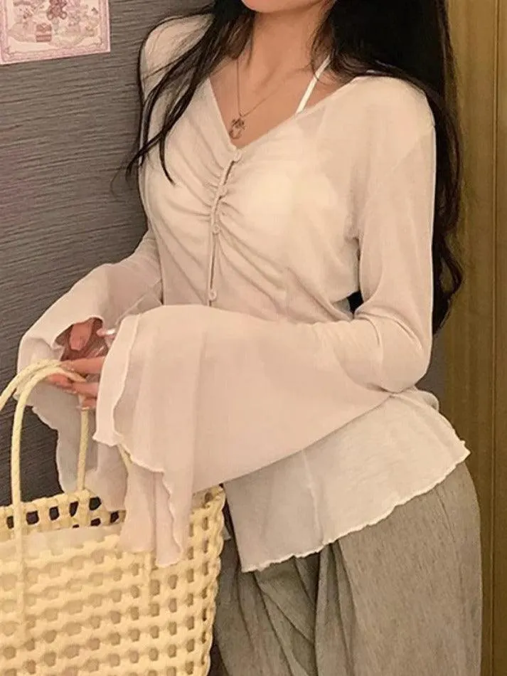 Maxct V Neck Split Flare Sleeve Long Sleeve Blouse