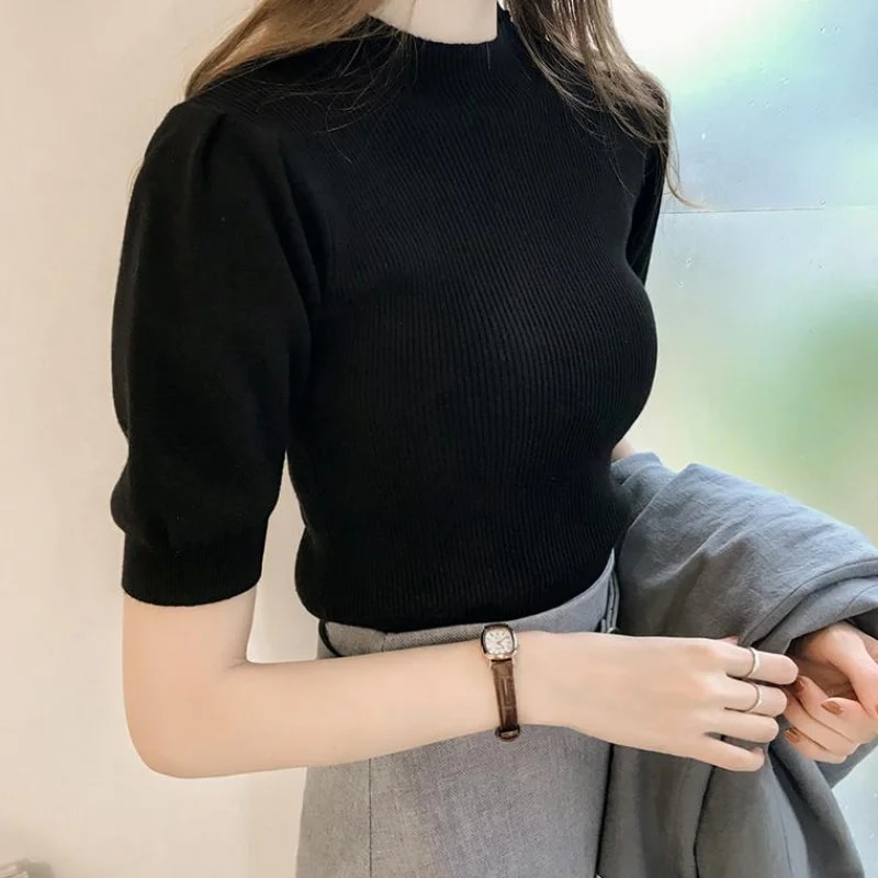 Maxct Turtleneck Knitted T-shirts Tops Woman Slim Short Puff Sleeve Buttons Soft Solid Autumn T-shirt Tee Female