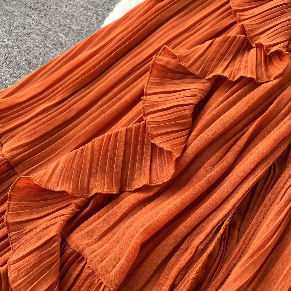 Chiffon Pleated Long Dress Women Vintage V-Neck Flare Sleeve Draped Ruffle Vestido Female Maxi Robe Spring Fall 1215-1
