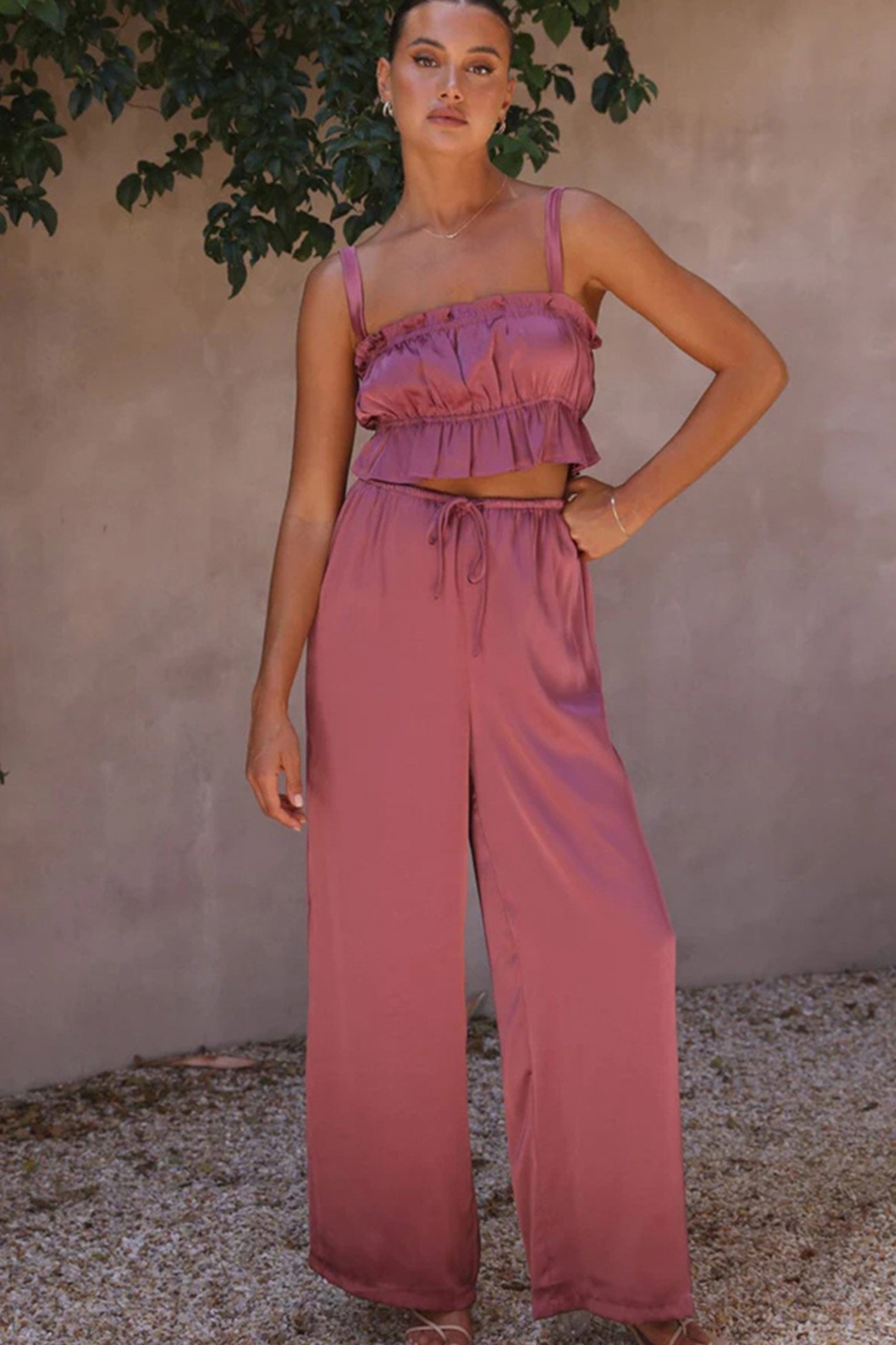 Maxct Smocked Ruffle Cami Crop Top Wide Leg Long Pants Set