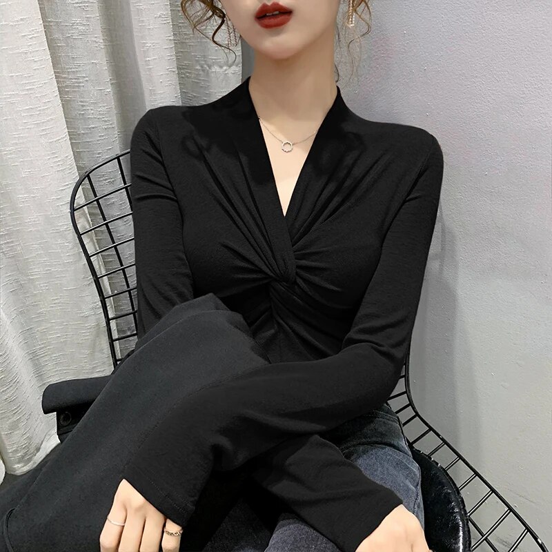 Maxct High Stretchy Tee Women's Full Sleeve Criss-Cross V-neck Tshirt Soft Sheath T-shirts Tops for Female