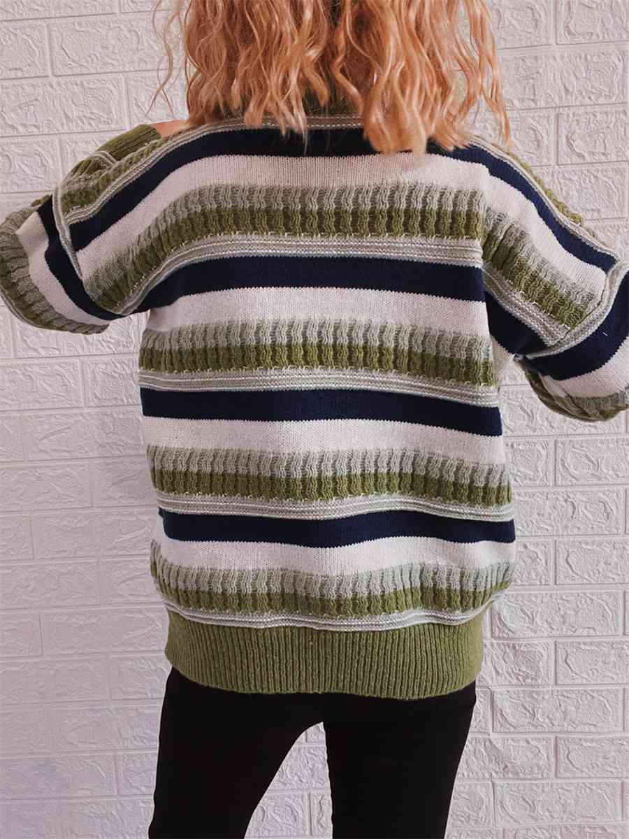 Maxct &Striped Drop Shoulder Round Neck Sweater