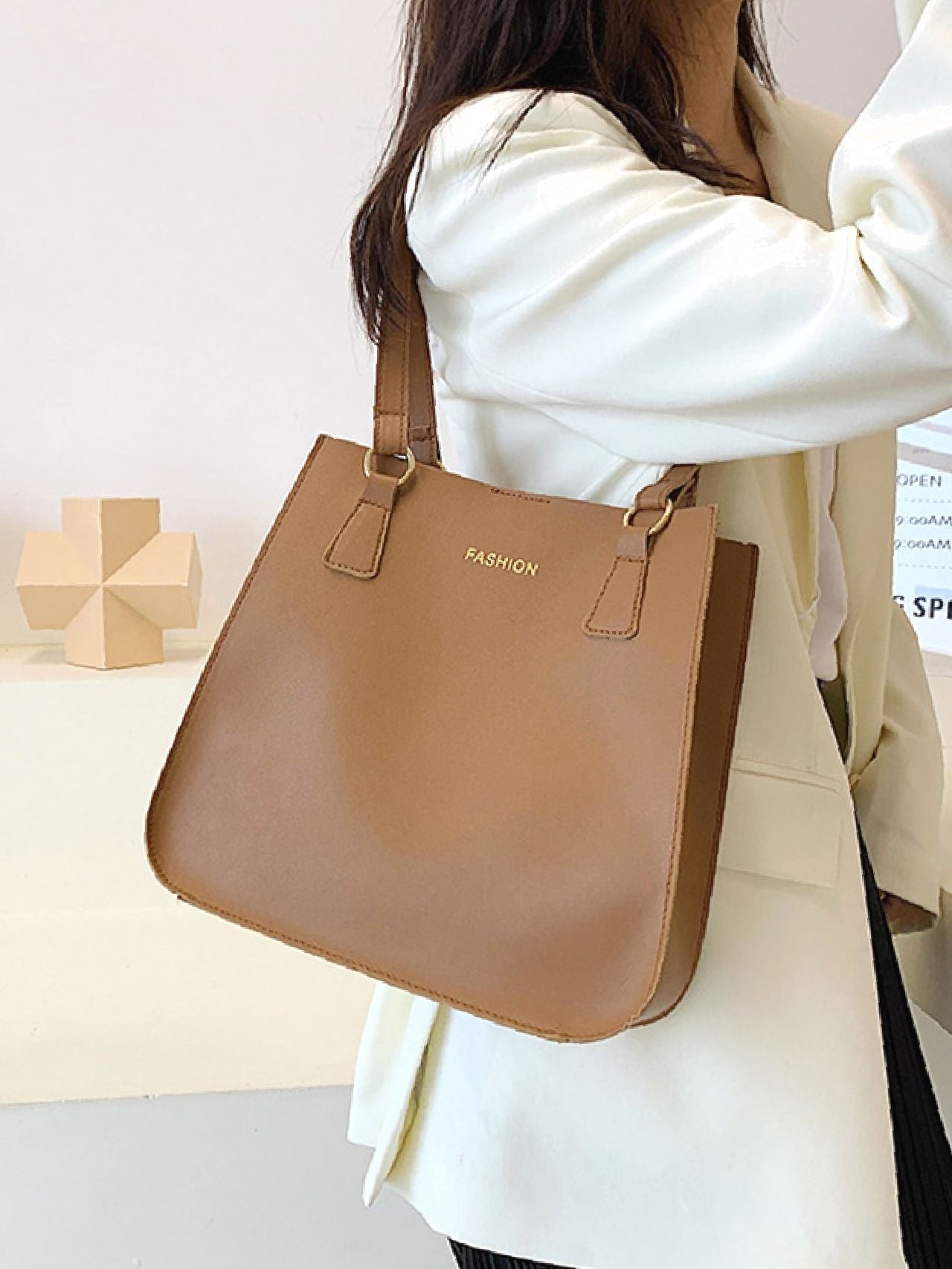 Maxct - Letter Graphic Shoulder Tote Bag with Inner Pouch  - Women Tote Bags