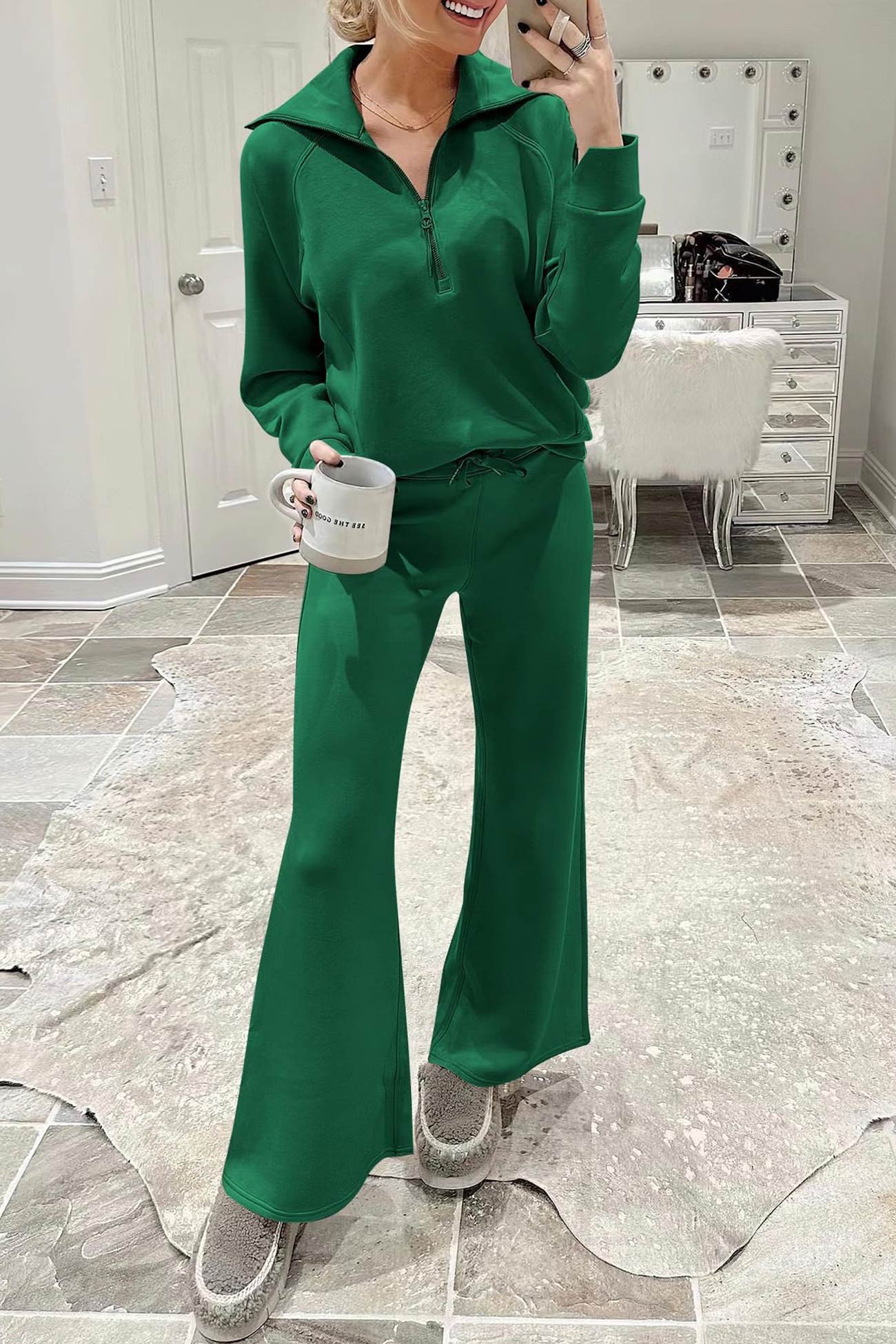 Maxct Lapel Zip-up Sweatshirt Wide Leg Long Pants Set