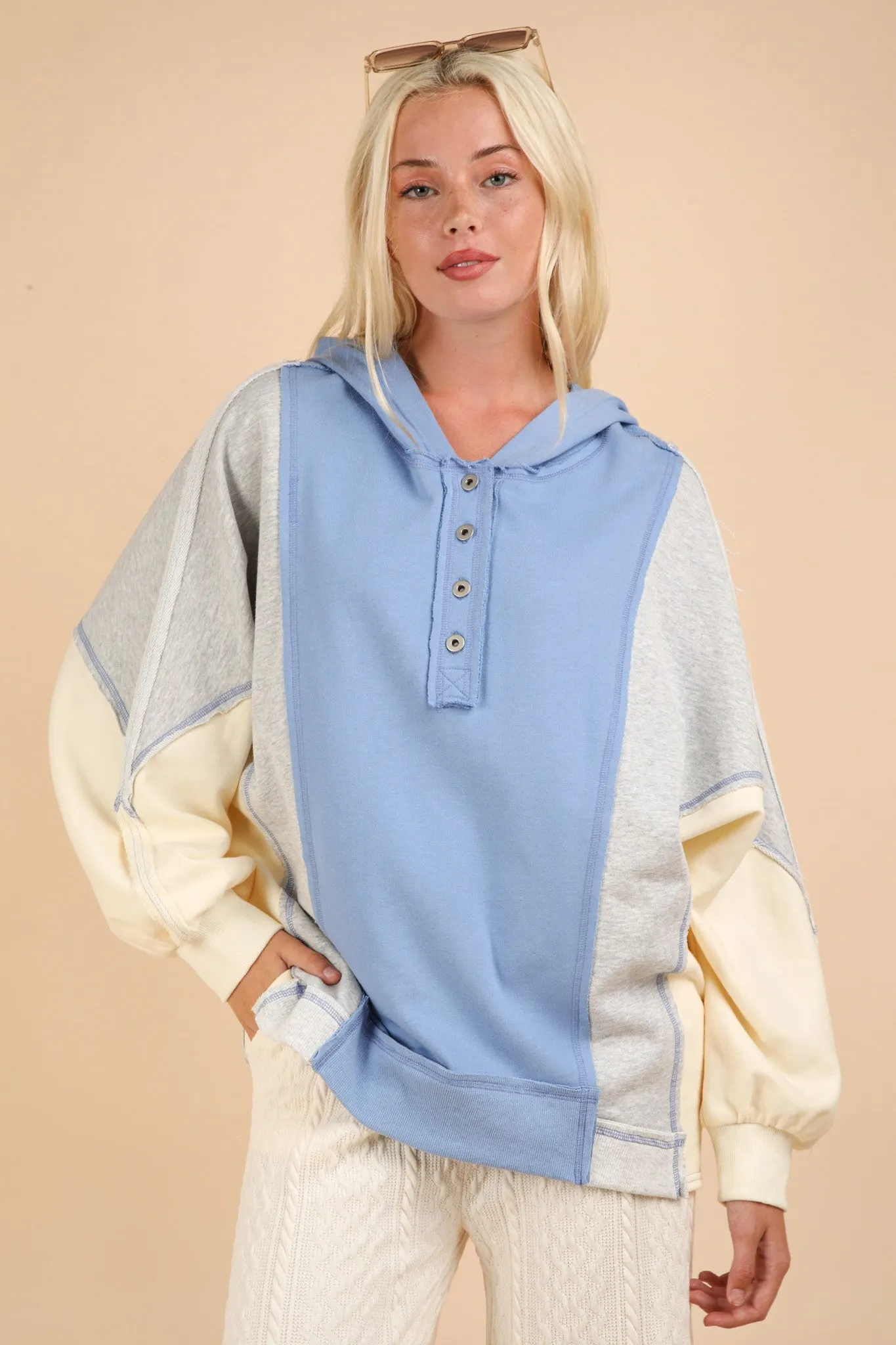 Maxct &VERY J Exposed Seam Color Block Half Button Hoodie