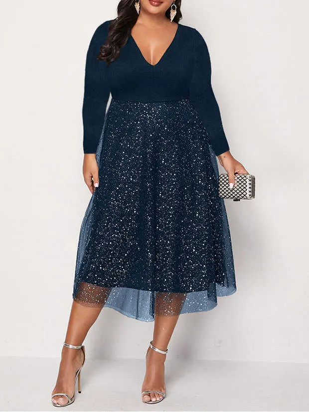 Long Sleeve Double V Neck Contrast Mesh Midi Dress Maxct