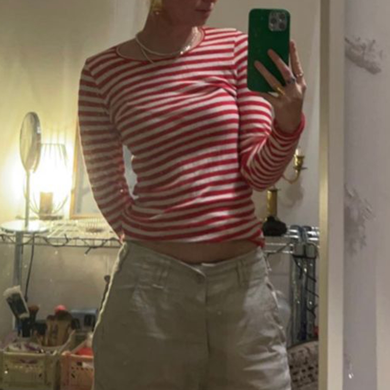 Vintage Preppy Style Y2K Crop Tops Clothes Cottage Striped Rib Knitted T-shirt Women Long Sleeve Casual Basic Tees Pullovers