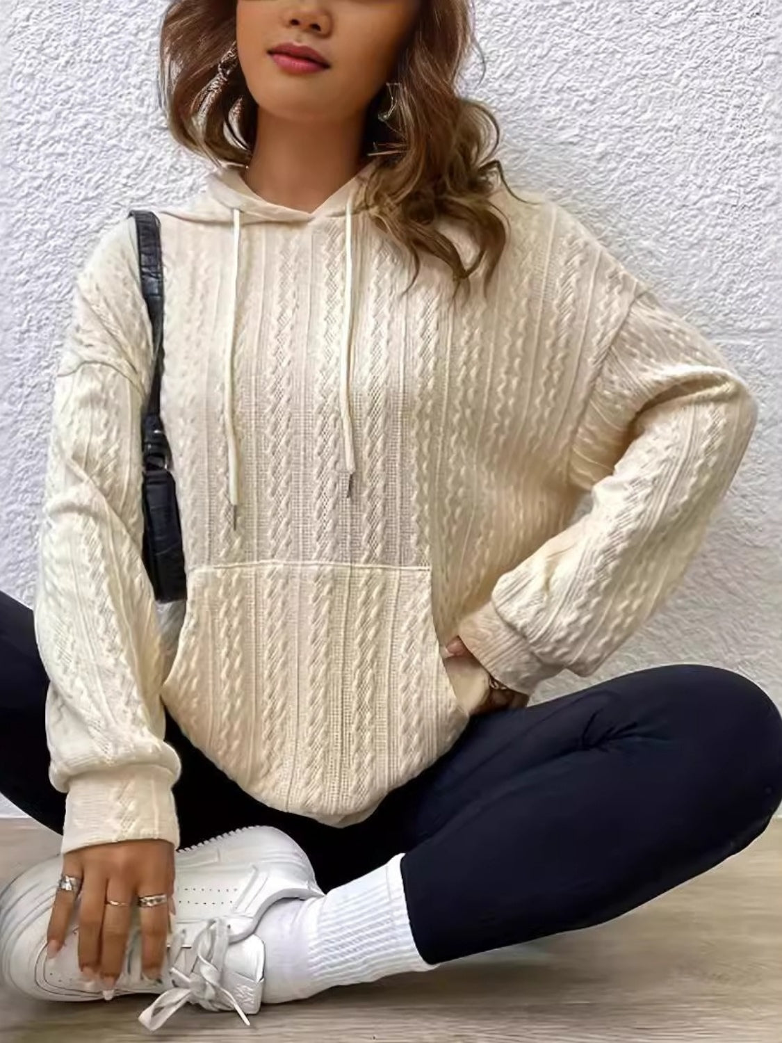 Maxct &Drawstring Texture Long Sleeve Hoodie