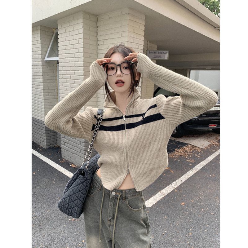 Maxct Vintage Striped Zip Up Cropped Cardigan