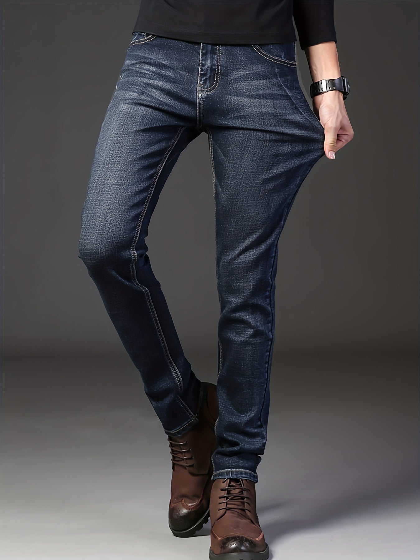 Maxct  Classic Design Semi-formal Jeans, Men's Casual Stretch Denim Pants For All Seasons Business