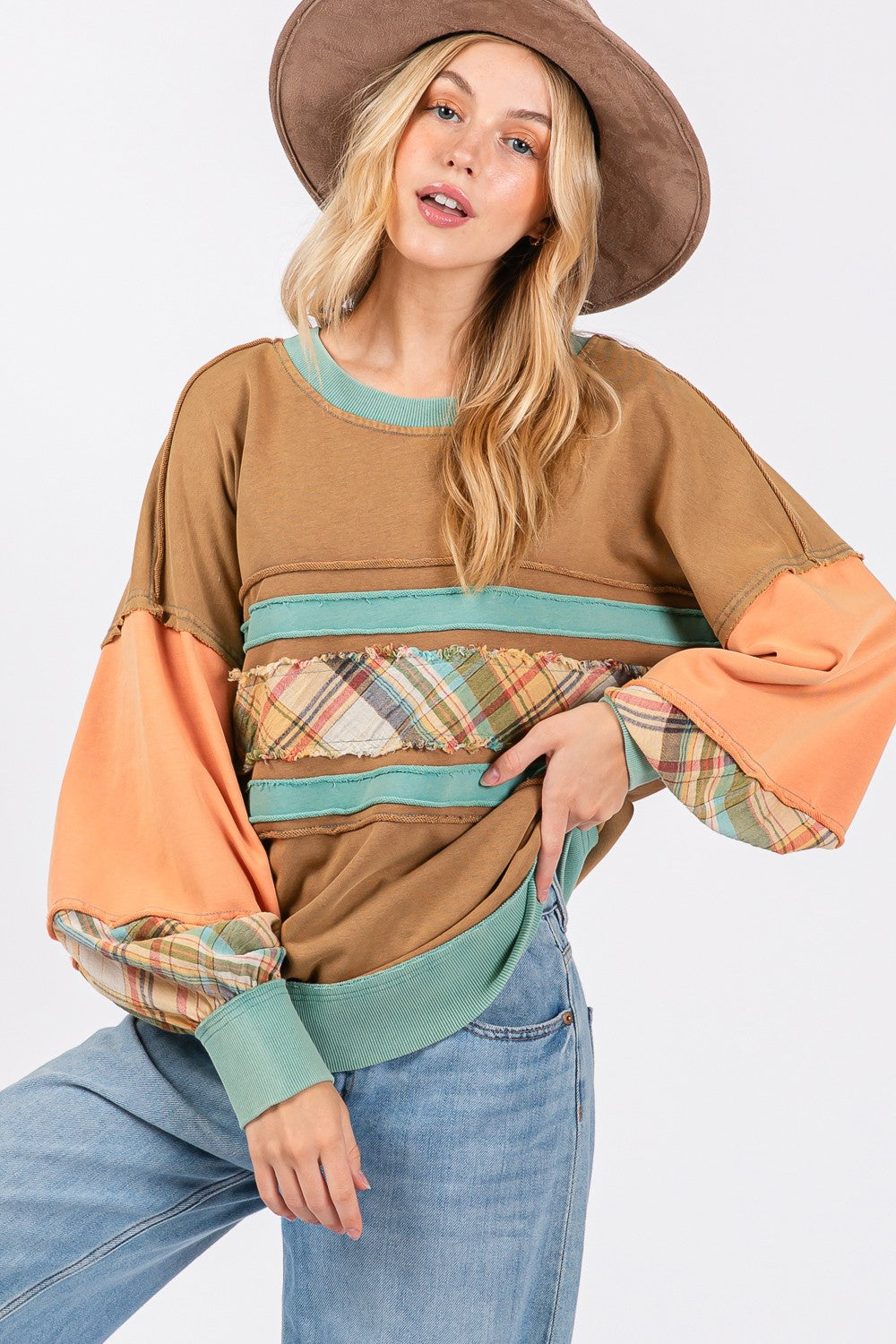 Maxct &SAGE + FIG Mineral Wash Raw Edge Color Block Sweatshirt