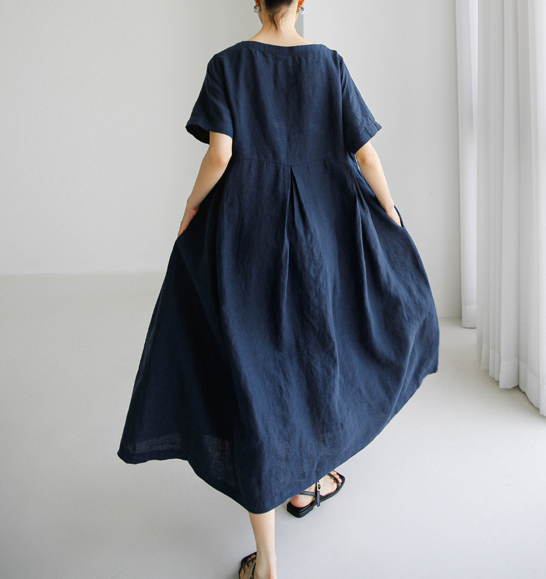 Ladies Solid Color Casual Loose Cotton Linen A-Line Dresses