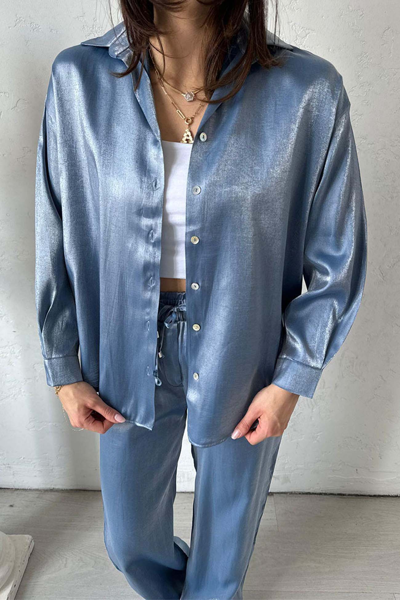 Maxct Metallic Shiny Button Down Shirt Long Pant Set
