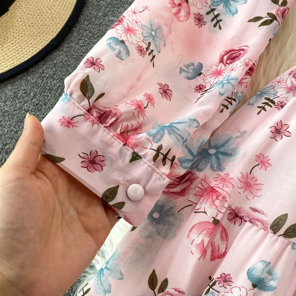 Floral Midi Dress Women Elegant V-Neck Lantern Long Sleeve High Waist Draped A-Line Casual Vestidos Female Spring Autumn