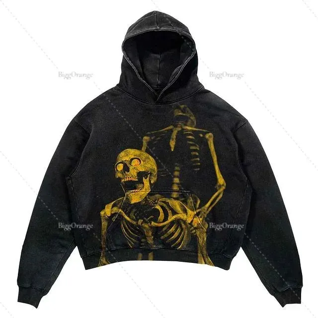 Maxct Y2k Punk Wind Skull Printed Cotton Hoodies Sweatshirt Couples Hip-hop Retro Street Loose Oversized Hoodies Harajuku Gothic Top