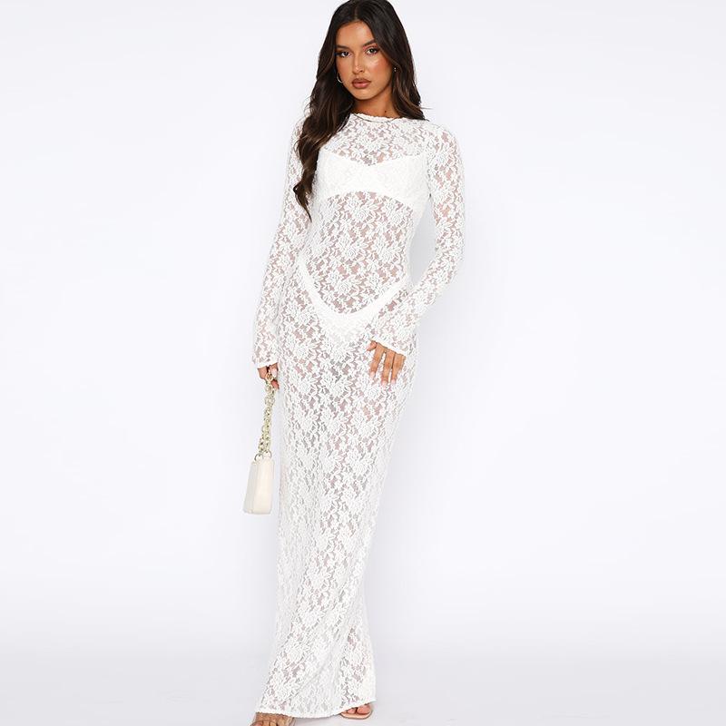 Maxct Foreign Trade New Hot Women's Sexy Hollow Lace Pattern Perspective Slim Long Dress