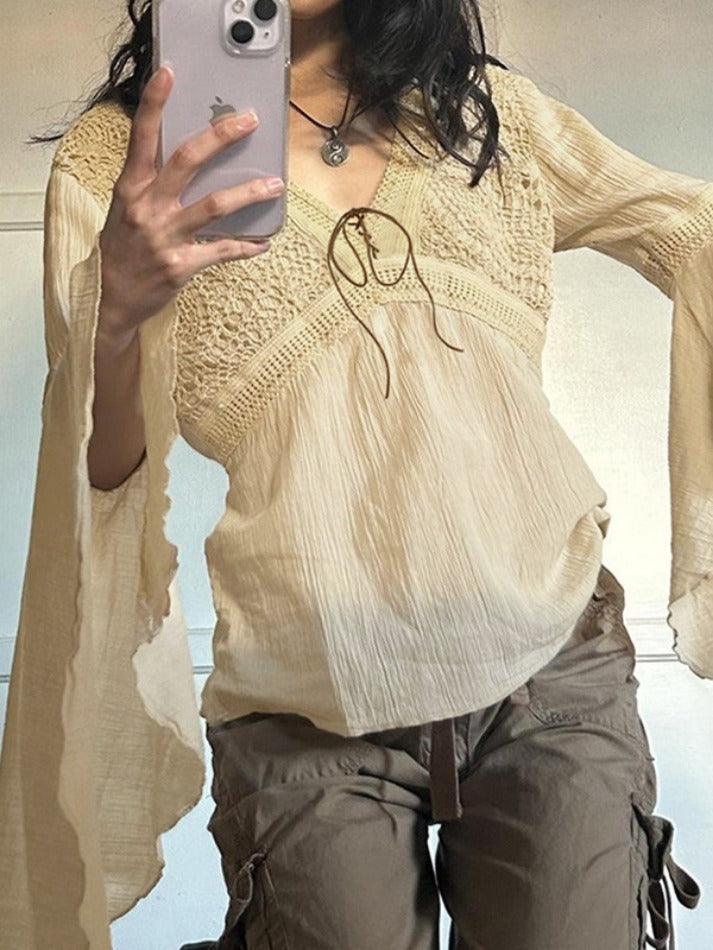 Maxct-Tribal Cutout V Neck Lacing Flared Long Sleeve Blouse