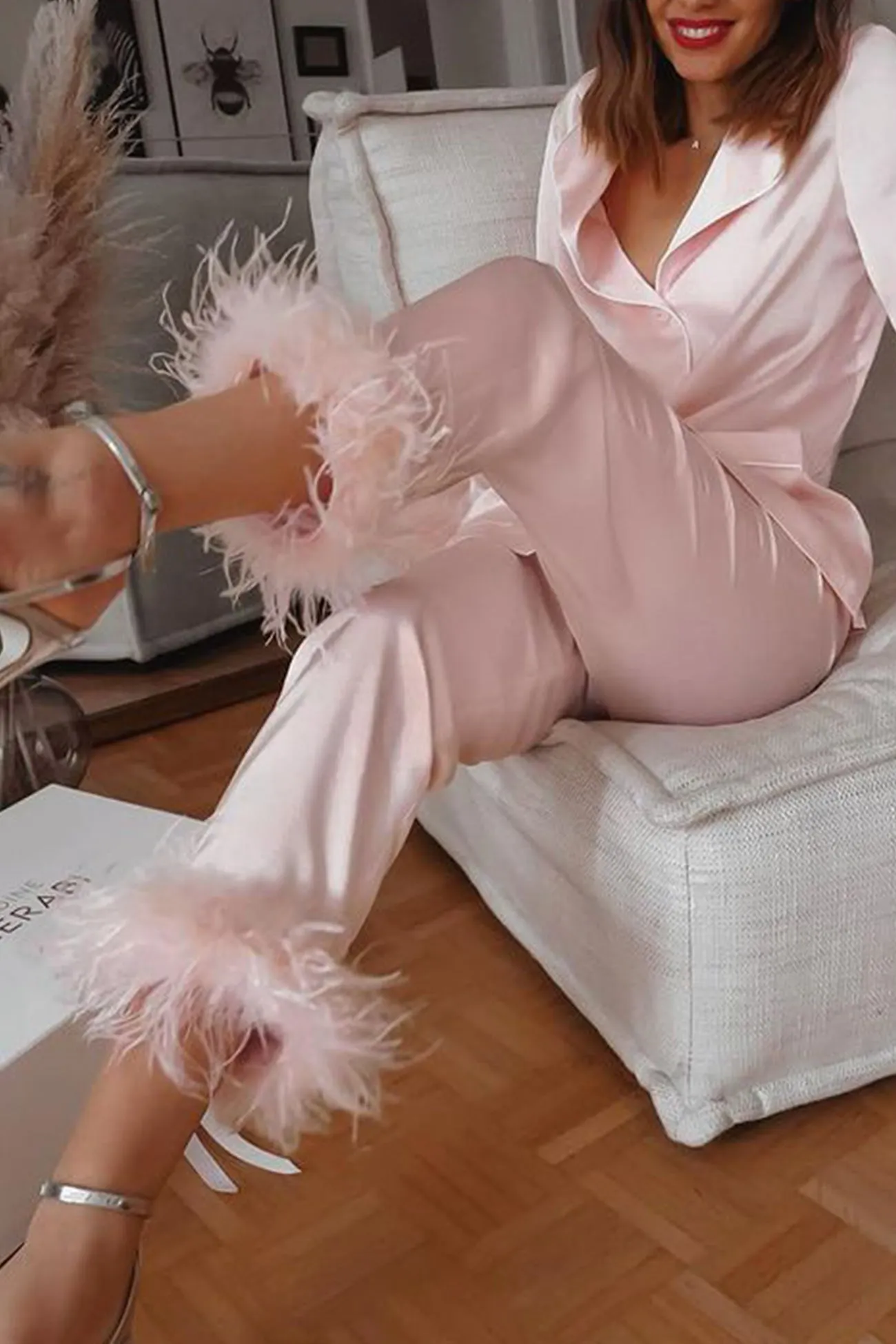 Maxct Lapel Feather Hem Two-piece Pants Set