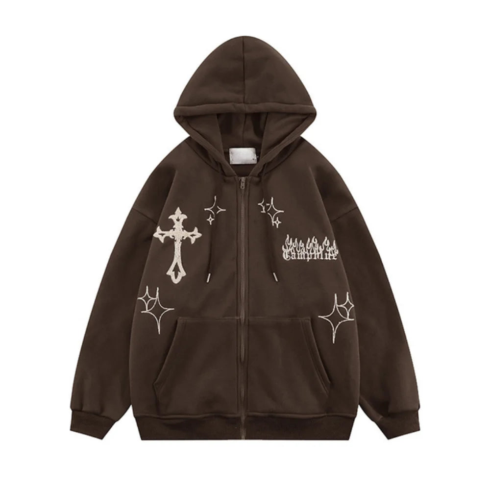 Maxct Retro Trend Y2k Zipper Hoodie Harajuku Hip Hop Oversized Hooded Sweatshirt Men Women Street Punk Rock Jacket Coat Top Streetwear