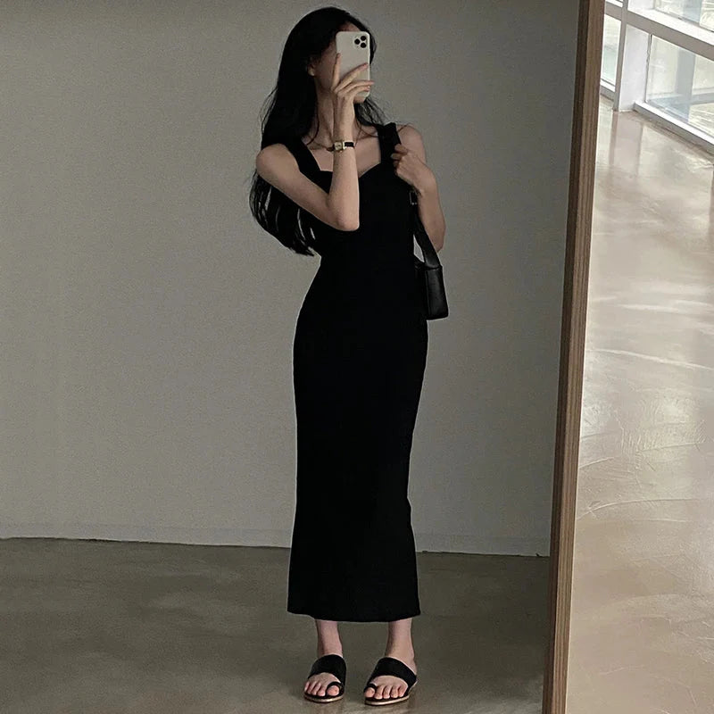 Basic Knit Long Dress Korean Square Collar Sleeveless Dresses Casual Y2k Vintage All-match Outftis Maxct