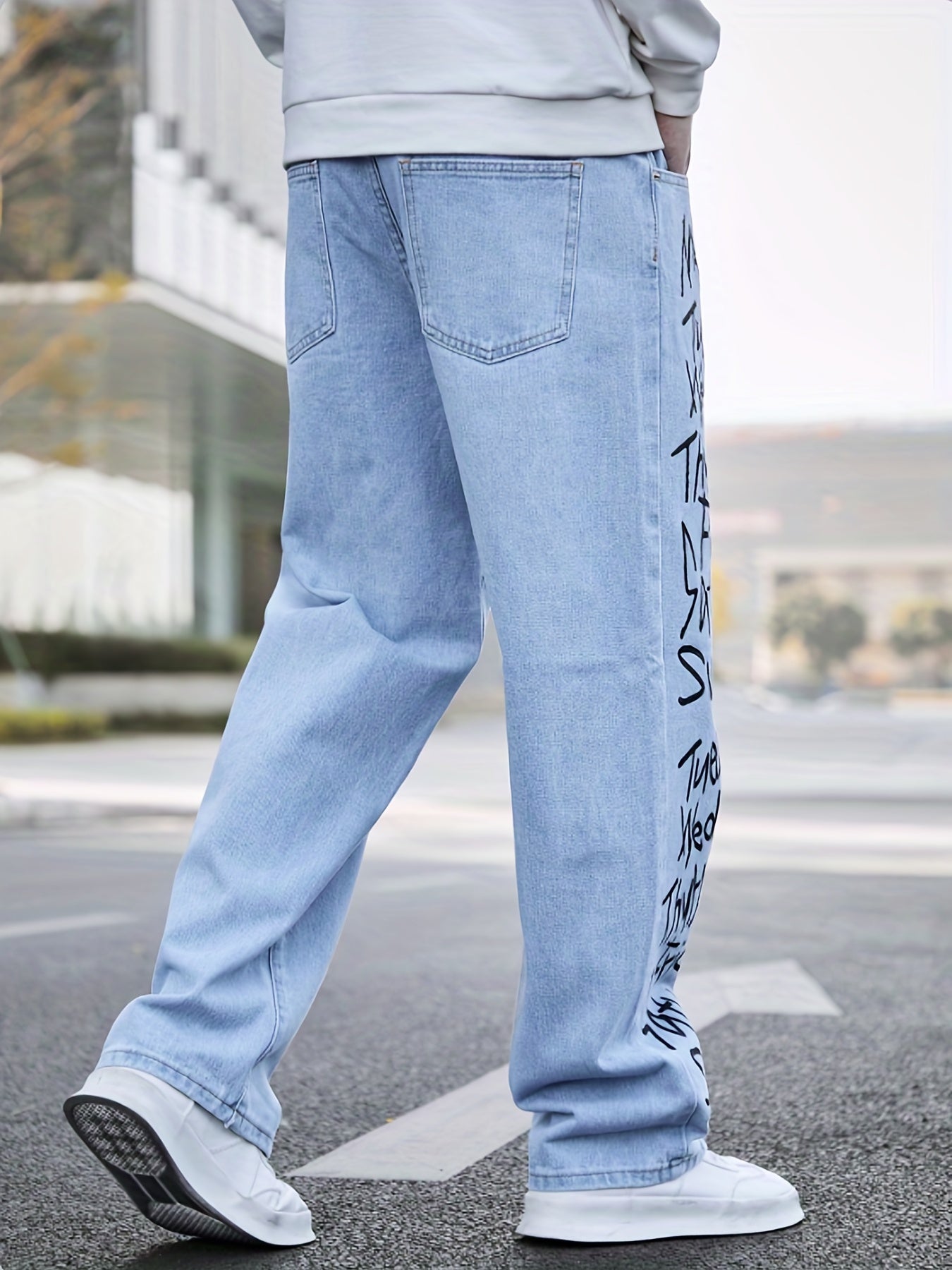 Maxct  Letter Print Loose Fit Jeans, Men's Casual Street Style Wide Leg Denim Pants For All Seasons