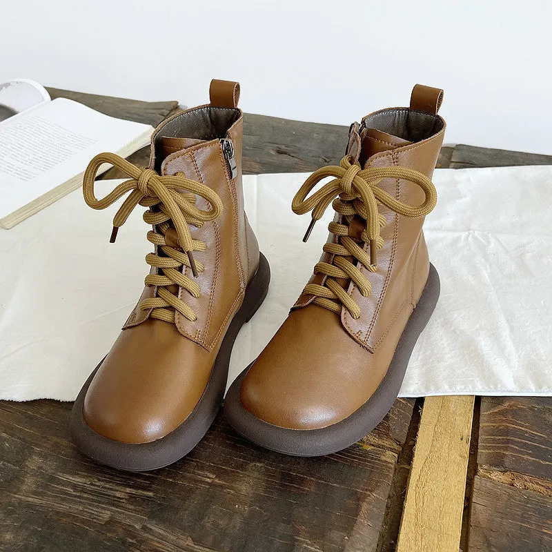 Maxct Women Autumn Retro Round Toe Leather Martin Boots