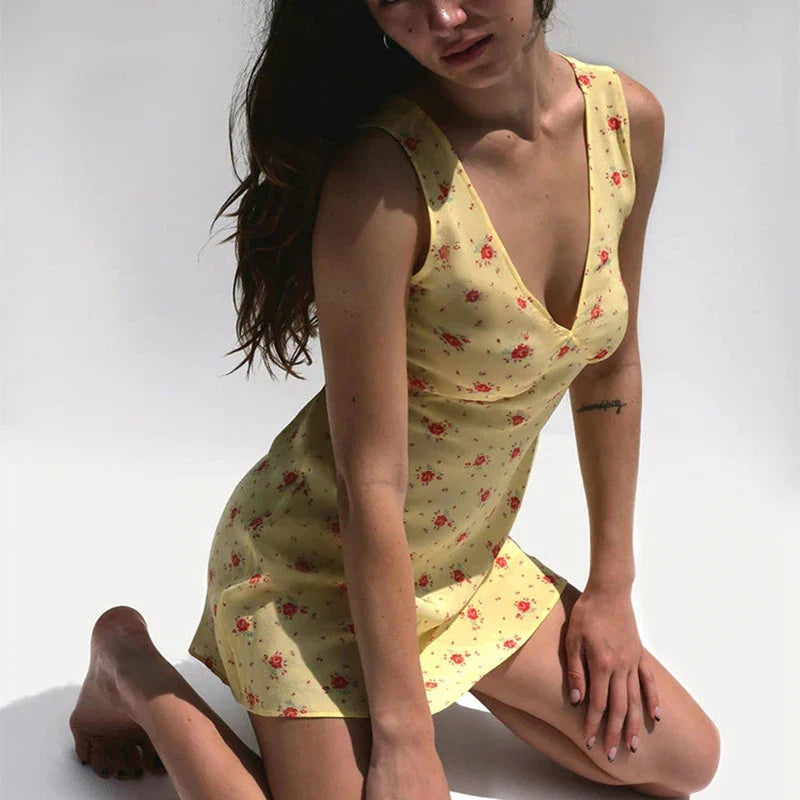 Maxct French Style Chic Elegant Floral Print Mini Dress Summer V-Neck Sleeveless Backless Tie-up Slim Fit A-line Dress Women Holiday