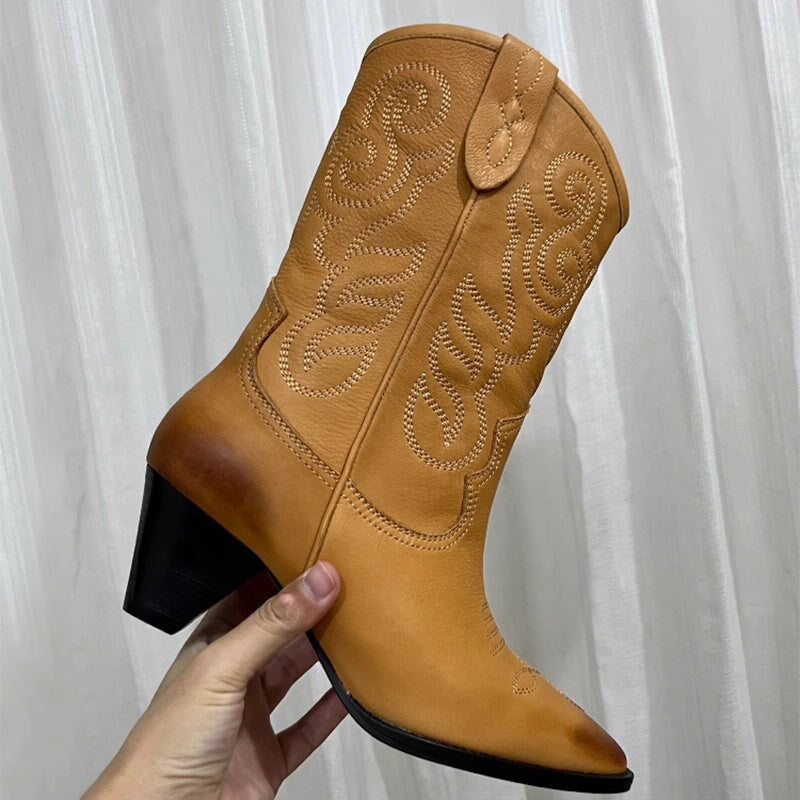 Womens Embroidered Western Boots Block Heel Short Boots All Genuine Leather Maxct