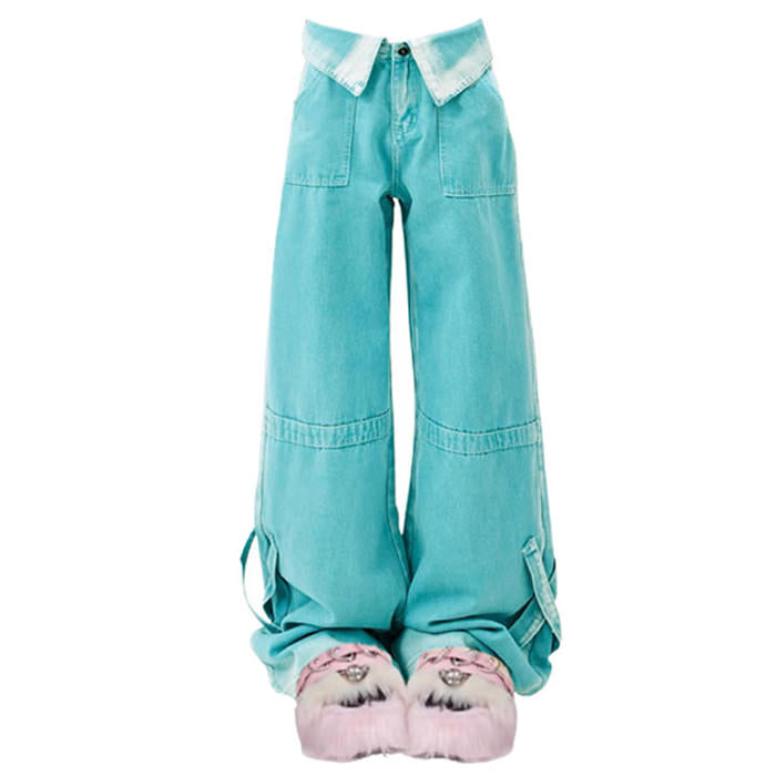 90's Kids Collar Wide Leg Jeans Maxct
