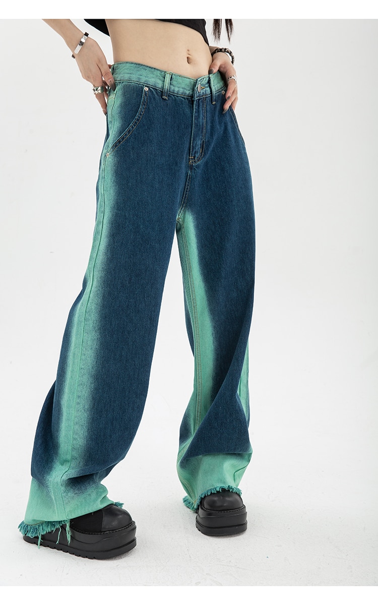 High Waist Straight Baggy Women's Jeans: Chic Design Streetwear Gradient Color Y2K Denim Wide Leg Trouser - true deals club