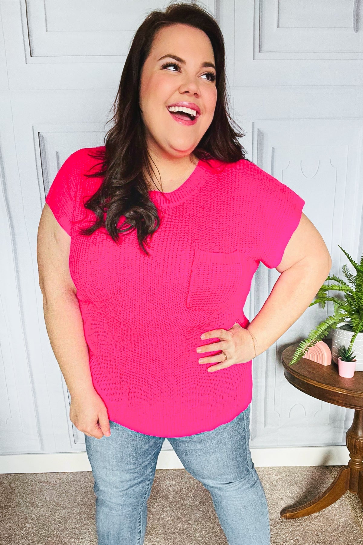 Maxct &Best In Bold Hot Pink Dolman Ribbed Knit Sweater Top